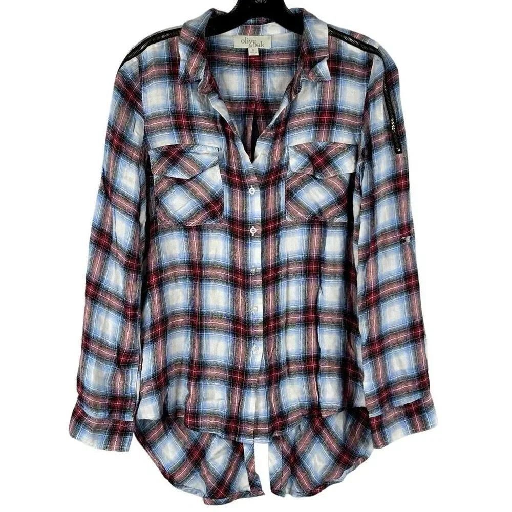 Olive & Oak Plaid Button Down Zipper Shoulder Split Tail Blouse Small